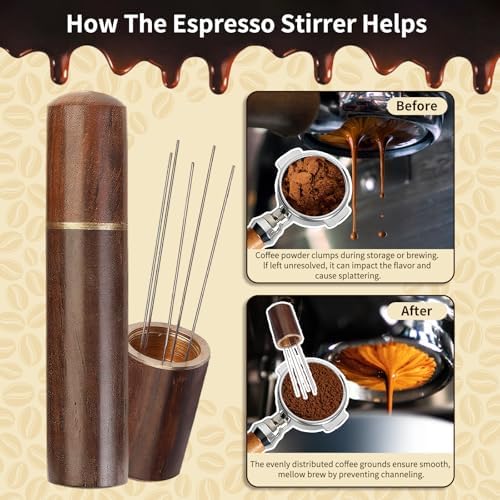 WDT Tool Espresso Machines Accessories - 54mm Dosing Funnel and Puck Screen, 5×0.4mm Espresso Needle Distributor with Wooden Base | Fits Breville 8 Series and 54mm Coffee Machines Portafilters