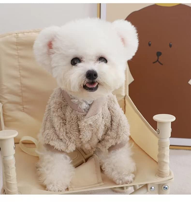 Loyanyy Plush Dog Pajamas for Cold Weather 4 Legged Clothes for Dog Cat Stretchy Puppy Kitten Onesie with Buttons Warm Soft Pet Jumpsuit Winter Coat Beige Medium
