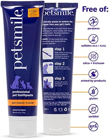 Petsmile Professional Pet Tooth Brushing Kit - Cat & Dog Toothbrush and Toothpaste for Plaque, Tartar, & Bad Breath - VOHC Accepted Non Enzymatic Cat & Dog Toothpaste (Say Cheese, 4.2 Oz)