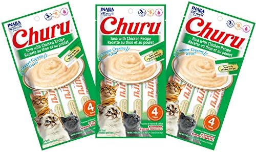 INABA Churu Cat Treats, Grain-Free, Lickable, Squeezable Creamy Purée Cat Treat/Topper with Vitamin E & Taurine, 0.5 Ounces Each Tube, 12 Tubes (4 per Pack), Tuna with Chicken Recipe