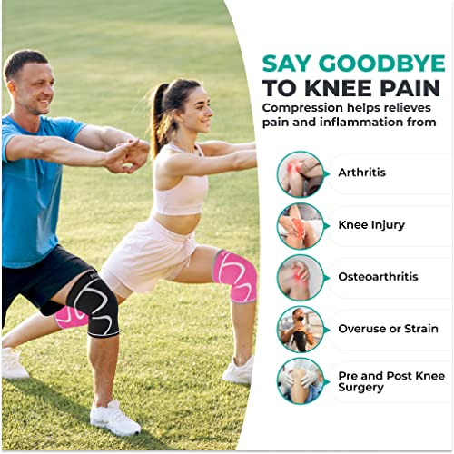 MODVEL Knee Compression Sleeve for Knee Pain Relief & Knee Support - Pack of 2 Knee Sleeves for Women & Men, 1 Pair of Knee Brace for Running, Workout, Sports, & Injury Recovery - Medium, Pink/Pink