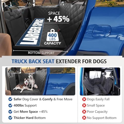 XL Truck Back Seat Extender for Dogs, Dog Seat Cover Back Seat Supports 400lbs, Hard Bottom Pet Seat Covers for Crew Cab Trucks, Dog Hammock for F150, RAM1500, Sierra, Tundra, Silverado, Titan Black