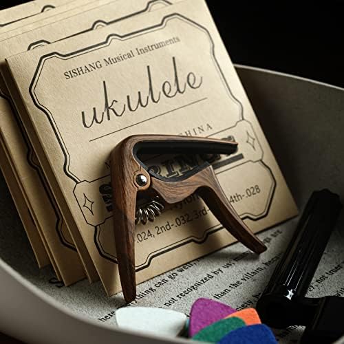 Ukulele Strings Accessories Kit, Nylon Ukulele Strings Set, Tuner, Felt Picks, Capo, Finger Protectors,String Winder for Soprano Concert Tenor Ukulele (28PCS, Walnut color)