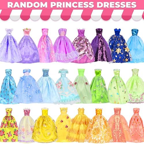 70 Pcs Doll Clothes and Accessories Kit, Including 4 Princess Gowns 8 Fashion Dresses 3 Tops 3 Pants 2 Bikini Swimsuits 20 Shoes 10 Hangers 20 Accessories for 11"-12" Dolls1