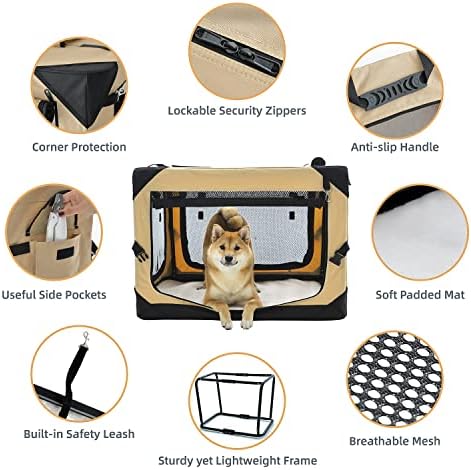 Pettycare 42 Inch Collapsible Dog Crate for Large Dogs, 4-Door Foldable Soft Dog Kennel with Chew Proof Mesh Windows, Indoor & Outdoor Travel Dog Crate, Soft Side Dog Crate,Beige
