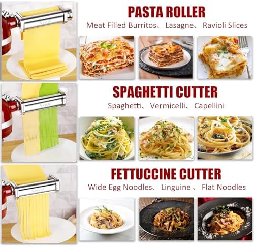 Pasta Roller & Spaghetti Cutter, Fettuccine Cutter Attachment for Kitchenaid Stand Mixer,3 Pcs Stainless Steel Pasta Maker Accessories By Aooaid