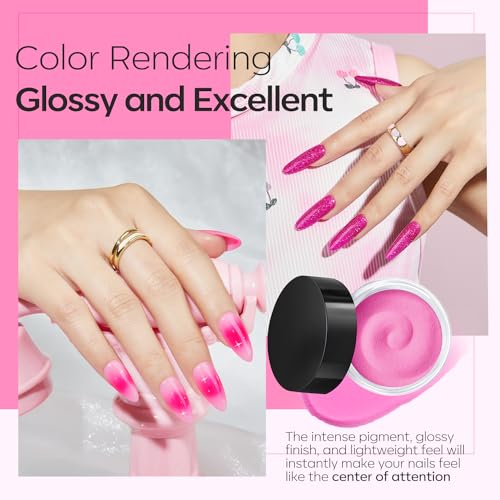 Modelones Dip Powder Nail Kit, 4 Colors Valentine's Day Hot Pink Glitter Dipping Starter Set with Liquid and Complete Accessories for French Nails Art Salon DIY at Home Manicure
