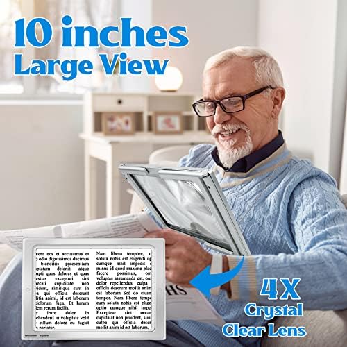 Magnifying Glass for Reading, 10"x 6" Large Lightweight Magnifier with 50 Bright LED Lights Provide Full Book Page Viewing Area Evenly Lit Perfect for Low Vision Person and Seniors Silver