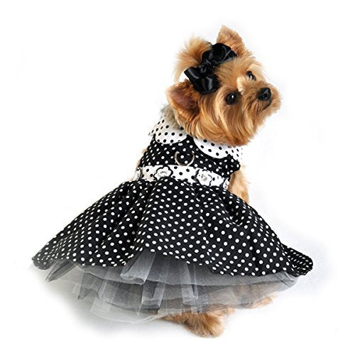 DOGGIE DESIGN Black White Polka Dot Daisy Party Harness Dress Comes with Matching Leash for Small Dogs in Size Medium (Chest 16-19" Neck 13-16" - Pets Weighting 11-15lbs)