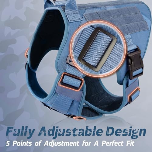rabbitgoo Tactical Dog Harness for Large, Heavy Duty Pet Harness with Handle, No-Pull Service Vest Large Breed, Adjustable Military Dog Vest for Training Hunting Walking, Blue, XL