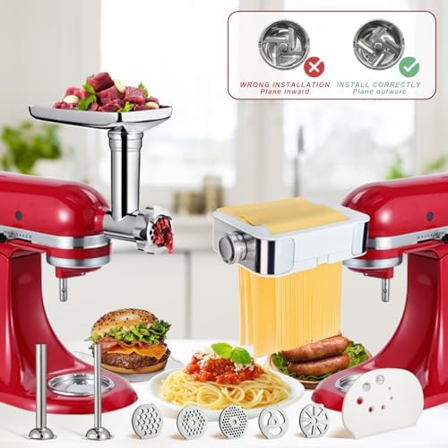 Meat Grinder Pasta Maker Set for ALL Kitchenaid Stand Mixers,for Kitchen Aid Accessories Includes Metal Food Grinder with Sausage Stuffer Tubes and 3 in 1 Pasta Maker Attachment with Dough Cutter
