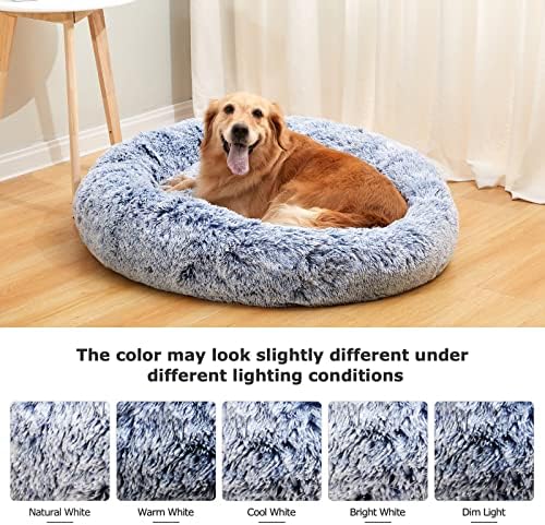 Bedfolks Calming Donut Dog Bed, 23 Inches Round Fluffy Dog Beds for Small Dogs, Machine Washable Anti-Anxiety Plush Puppy Bed(Navy Blue, Small)