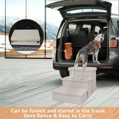 Dog Stairs with Condo 18" H, 3-Step Wider Dog Steps for High Beds Couch, Folding Storage Pet Stairs Gift for Small/Medium/Large Old Dogs Cats, Ramp for Climbing Car Up to 200 lbs, Beige Gray
