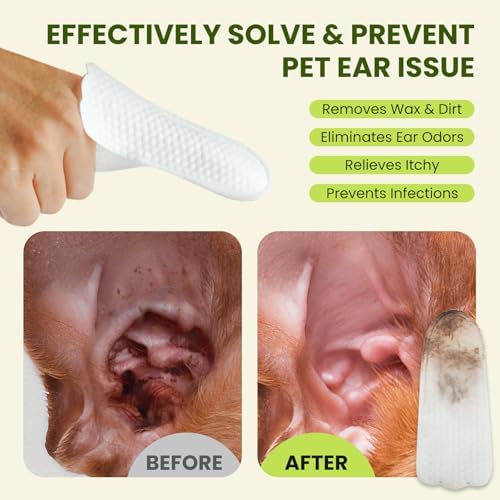 Thicker Dog Ear Cat Ear Cleaner Wipes, Dog Ear Finger Wipes for Dogs & Cats, Natural Relief Dog Ear Cleaning Wipes, Effectively Remove Ear Wax for Dog Kitten, Aloe Scent Deodorizing, 150 Count