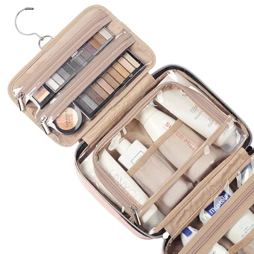NISHEL Travel Toiletry Bag for women, Portable Hanging Organizer for Travel-Sized Shampoo, Conditioner, Brushes Set, makeup Accessories, Medium Size, Pink