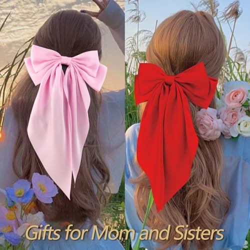 VELSCRUN Hair Clip - 3Pcs Silky Satin Hair Bows for Women in Red, Pink, White - Big Bow Hair Clips with Long Tail - Hair Accessories for Girls - Ideal for Special Occasions - 3 Count