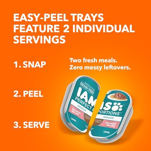 Iams Perfect Portions Indoor Adult Grain Free Wet Cat Food Pate Variety Pack, Salmon and Tuna Recipes, 2.6 oz. Easy Peel Twin-Pack Trays (12 Count, 24 Servings)