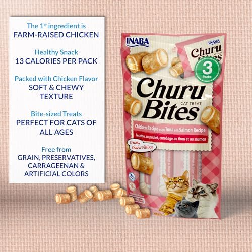 INABA Churu Bites for Cats, Soft Baked Chicken Churu Filled Cat Treats with Green Tea Extract, 0.35 Ounces Each Tube, 18 Tubes Total (3 per Pack), Tuna with Salmon Recipe