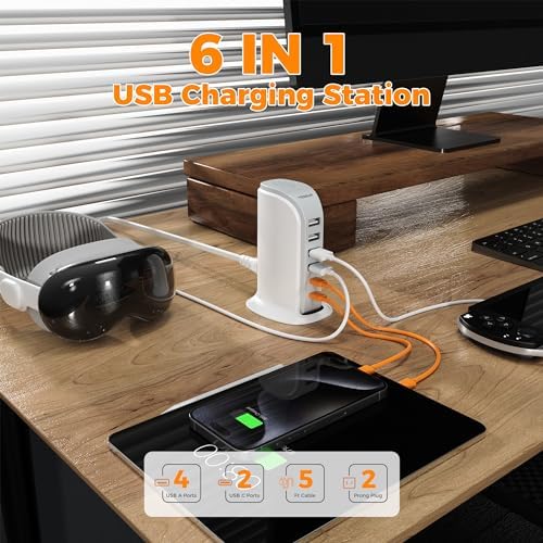 USB Charging Station for Multiple Devices, TESSAN USB C Charger Block for iphone13/14/15, Tablet, Earphone with 6 Ports Charging Tower for Home Office Travel Accessories