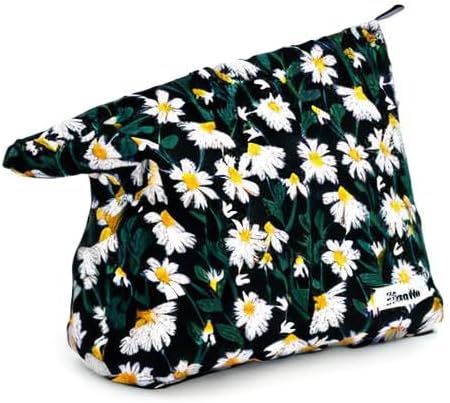 Makeup Bag Cosmetic bag Preppy Canvas Embroidery Toiletry Bag for women Cute zipper pouch Organizer Travel accessories (Little Daisy-Black, Large)
