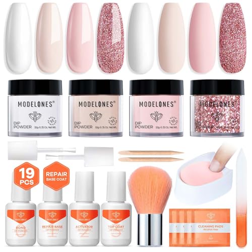 Modelones Dip Powder Nail Kit, 4 Colors White Nude Pink Glitter Dipping Starter Set with Liquid and Complete Accessories for French Nails Art Salon DIY at Home Manicure