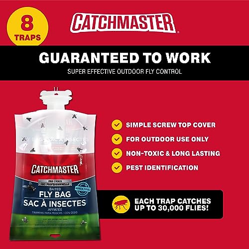 Catchmaster Pro Series Fly Bag 8-Pack, Hanging Fly Trap Outdoor Home, Bug Catcher and Flying Insect Trap with Natural Attractant, Pet Safe Pest Control, XL Bag for Backyard, Pool, Patio & Camping