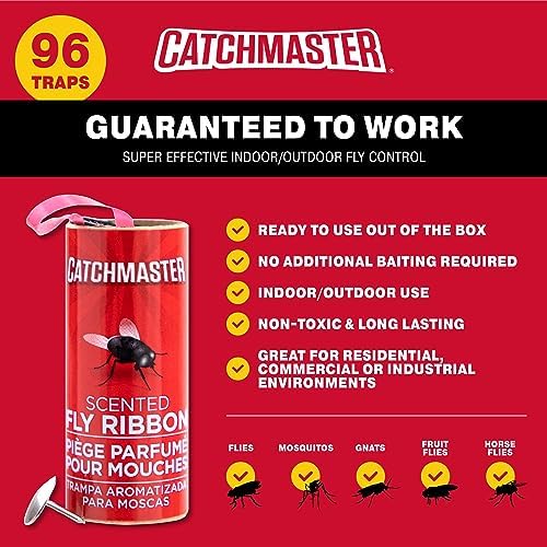 Catchmaster Fly Ribbon 96-Pack, Bug & Fruit Fly Traps Outdoor and Indoor, Premium Adhesive Sticky Fly Strips & Gnat Hanging Strips, Bulk Scented Flying Insect Paper Rolls, Non-Toxic Home Pest Control