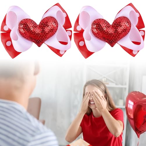 Valentine's Day Hair Clips Bow knot Red White Heart Sequin Hair Pins Head wear Cute Bow Hair Barrettes Valentine Day Hairpins Hair Accessories for Girls Women Toddlers Hair Bows 2PCS