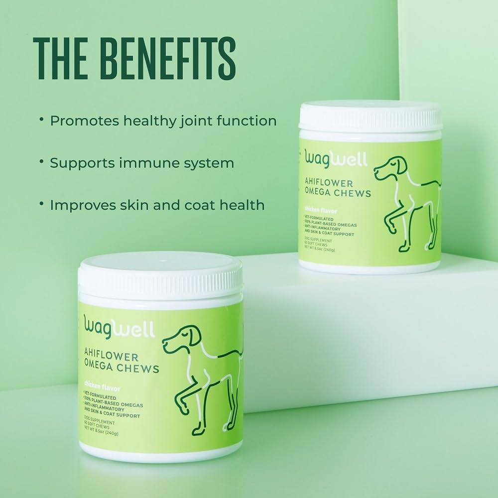 WagWell Ahiflower Omega Chews – Vet-Formulated, All Natural, Made in The USA – Skin, Coat, & Joint Chews for Dogs – Plant-Based Omega 3, 6 & 9 – Dog Fish Oil Alternative, Chicken-Flavored, 60 Chews
