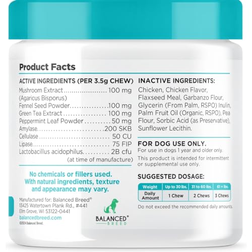 Balanced Breed Dog Probiotics Digestive Health Enzymes Made in USA Vet-Pharmacist Approved Fortiflora Probiotics Dogs Anti Yeast Supplements Constipation Relief Dog Yeast Itchy Skin Itchy Ears Non-GMO