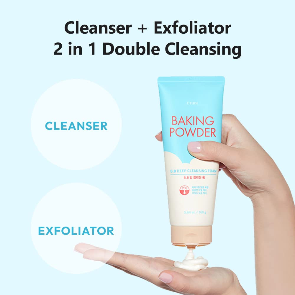 Baking Powder B.B Deep Cleansing Foam, 2 in 1 Rice Bran + Baking Powder, Creamy Bubble + Scrub Exfoliate Skin, Fash Wash, Deep Cleanser for Makeup, Korean Skin Care, Beauty (5.64 Ounce)