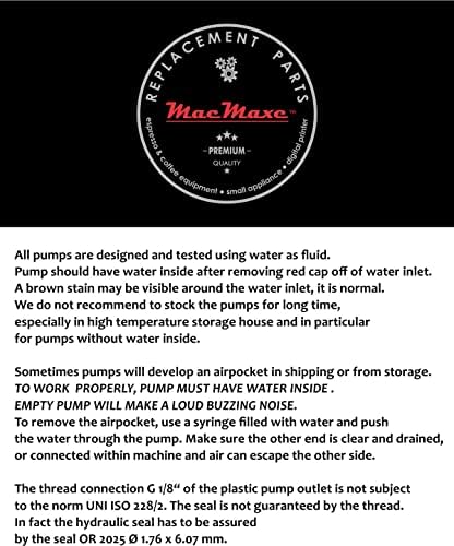 MacMaxe ULKA Model E Type EFP5 - Replacement Pump Compatible with Breville Espresso Machine - Solenoid Vibratory Water Pump with 2 O-Ring Seals - 15 Bar Max Pressure, 2/1 Min. On/Off, 120V, 60Hz, 52W