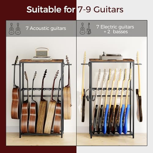Guitar Stand for Acoustic Holder, Electric Guitar, Bass, Ukulele, Multiple Guitar Rack Holder, Floor Adjustable for Guitars, Guitar Amp Accessories, for Home Music Studio, Rustic Brown GSHR6701