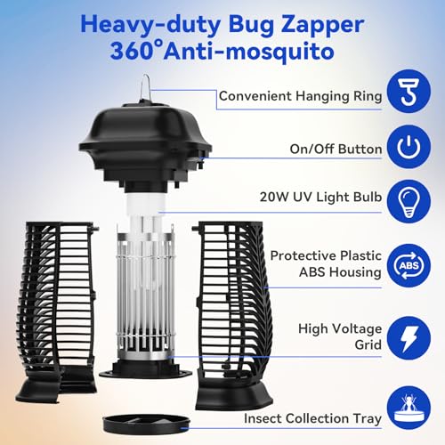Bug Zapper Outdoor, Mosquito Trap for Indoors with Powerful 20W Bulb, Waterproof Fly Zapper, Electric Mosquito Killer for Home, Backyard, Patio (20, Volts)