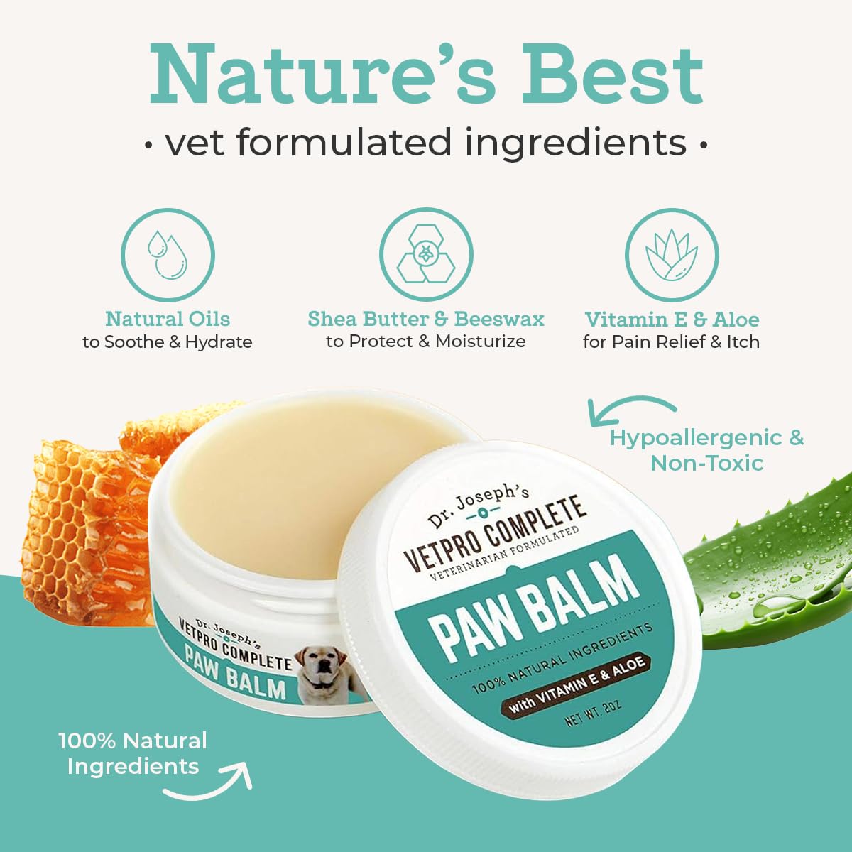 Dr. Joseph's VetPro Complete Dog Paw Balm for All Dogs and Cats, Natural Protection and Soother for Dry Pads and Noses, Vet Formulated Paw Butter and Dog Foot Cream, Nose Balm and Feet Protection