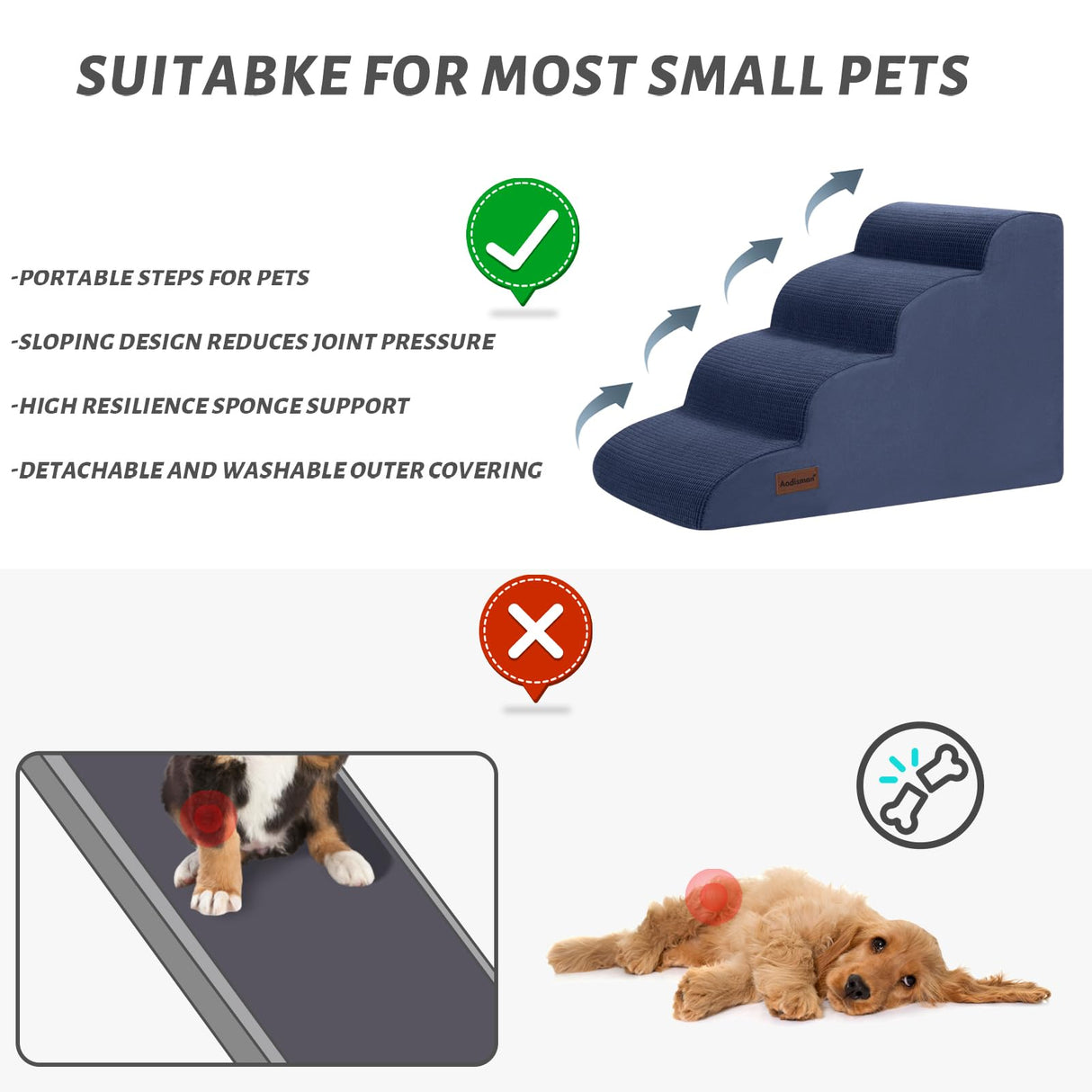 Aodisman 4-Step Dog Stairs and Ramp for Beds or Couches,Non-Slip Sturdy Pet Steps for Small Dogs and Cats,17.4" H,Blue