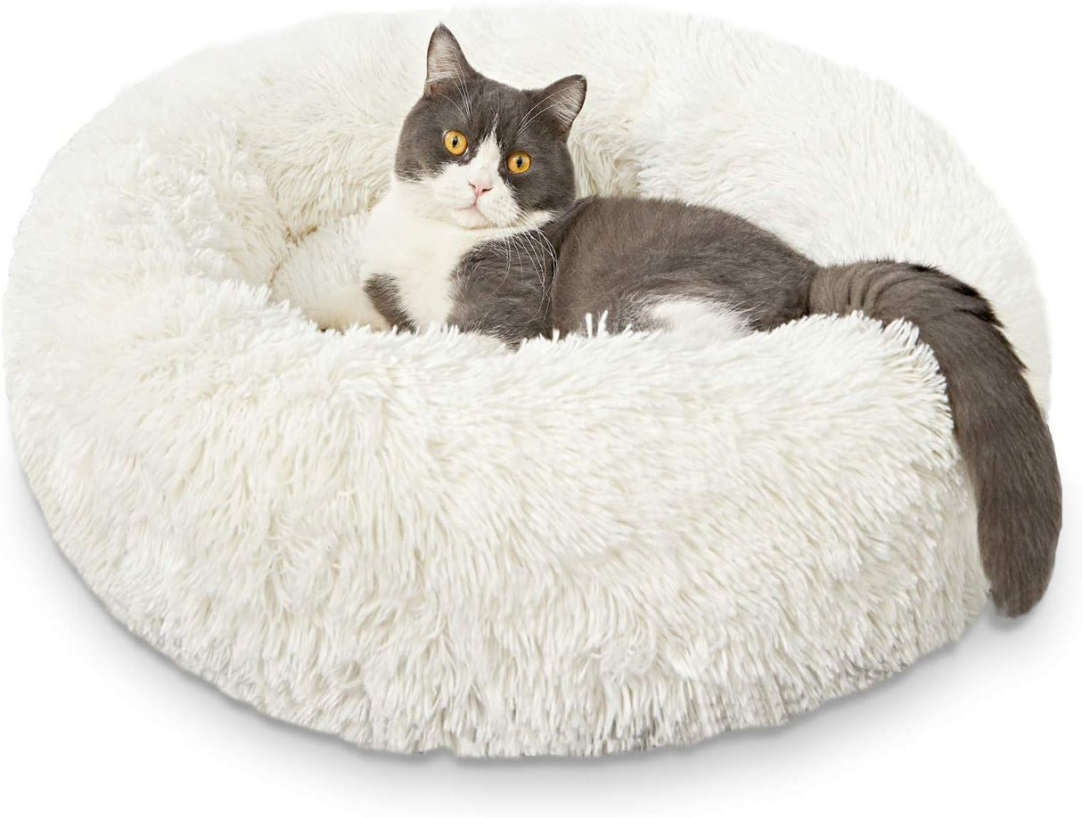 White Faux Fur Cat & Dog Beds 20 inches - Washable Dog Beds for Small Medium Dogs, Anti-Anxiety, Round Plush, Fluffy Thick Bottom