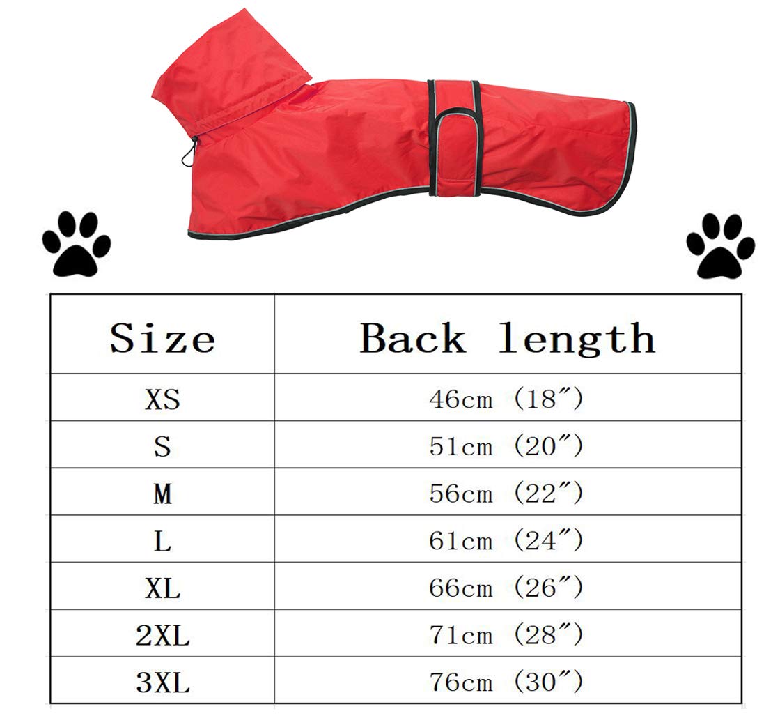 Greyhound Whippet Raincoat Waterproof with Reflective Stripe high Neck fit for Italian Greyhounds Whippets Long Back Breeds - Red - M