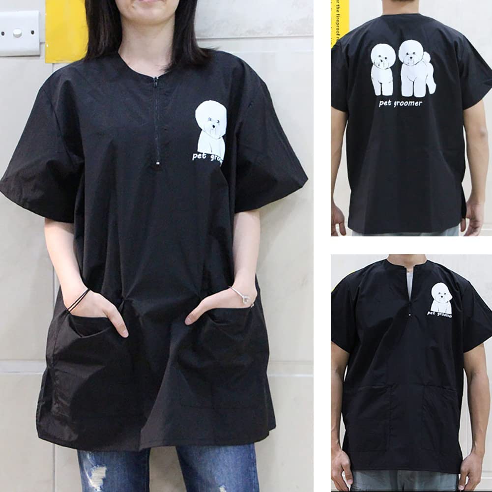 WAYUTO Short Sleeves Pet Grooming Smock with Zipper Dog Grooming Work Clothes with 2 Pockets Pet Grooming Shirt Dog Grooming Workwear for Pet Shop Men Women Bichon Medium