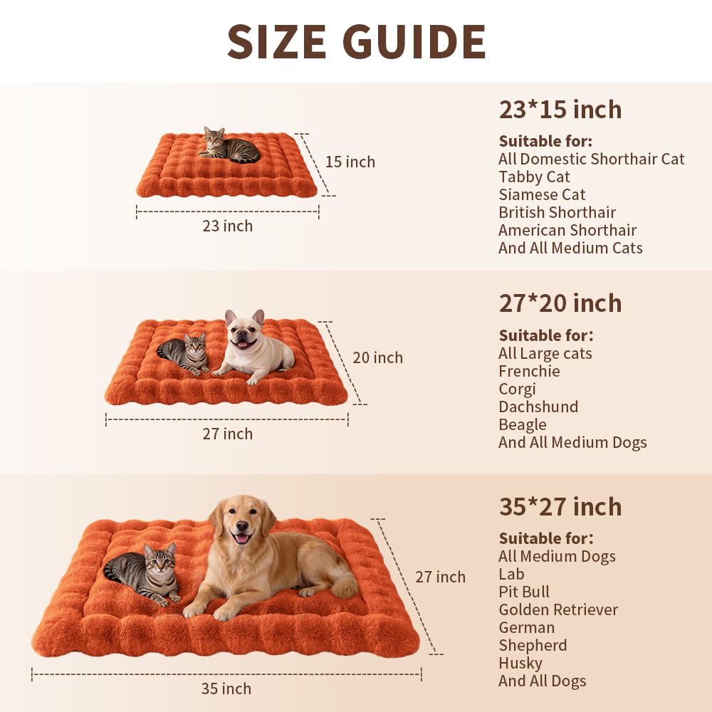 SOMAHE Self-Warming Dog Bed, Plush Faux Fur Mat with Anti-Slip Bottom, Ultra Soft Heated Pet Bed for Medium Large Dogs, Cozy Fluffy Pad for Carriers Couch Crate, Machine Washable, 35 x 27 Inch Orange