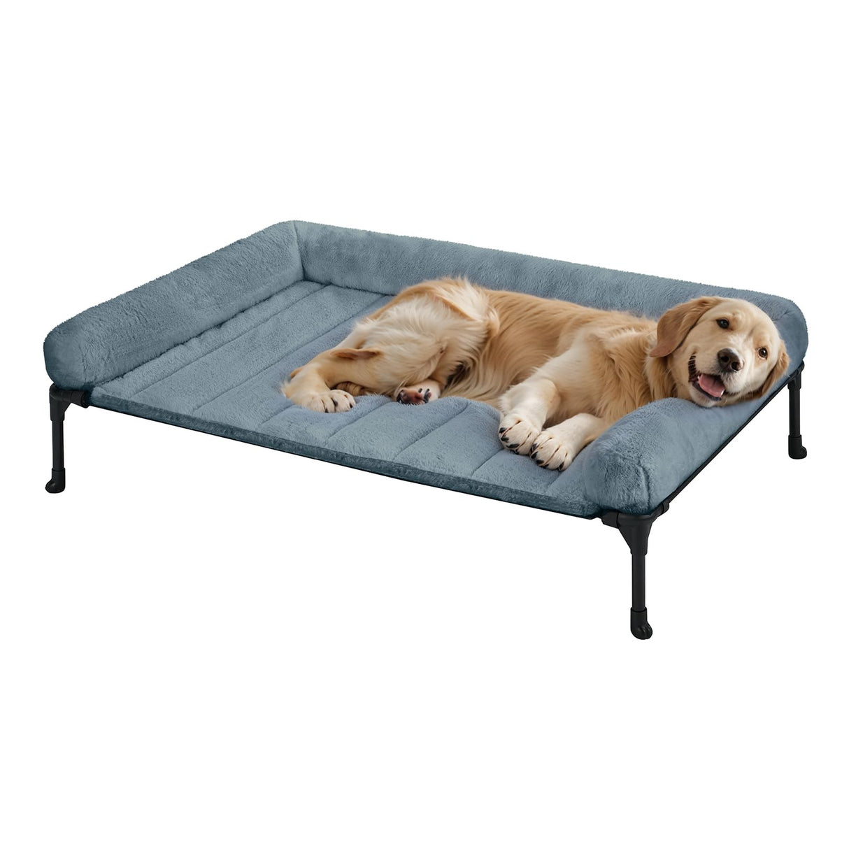 Veehoo Orthopedic Elevated Dog Bed with Fluffy Plush Bolster Cushion, Indoor Raised Dog Beds for Large Dogs, Soft Pet Sofa Cot with Removable Washable Mat, No-Slip Feet, 42 x 30 inches, Haze Blue