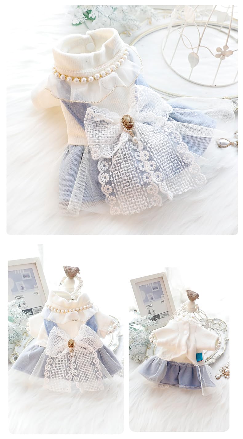 AZA Dog Princess Dresses for Small Dogs Lolita Clothes Bow Costume Pet Girl Cute Coat Outfits Fall Blue Costumes (L,Blue)