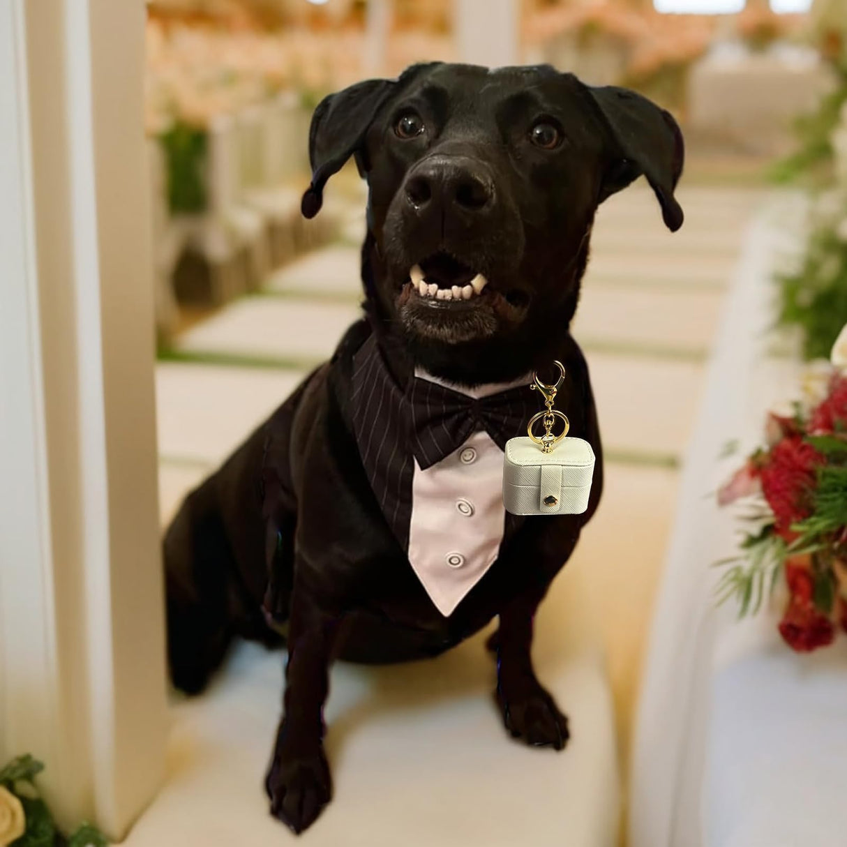 COSLANLEE 2 Pcs Dog Wedding Collar Outfit, Include Dog Tuxedo Attire, Wedding Mini Pet Ring Bearer Holder Pouch Box, Large, Ivory