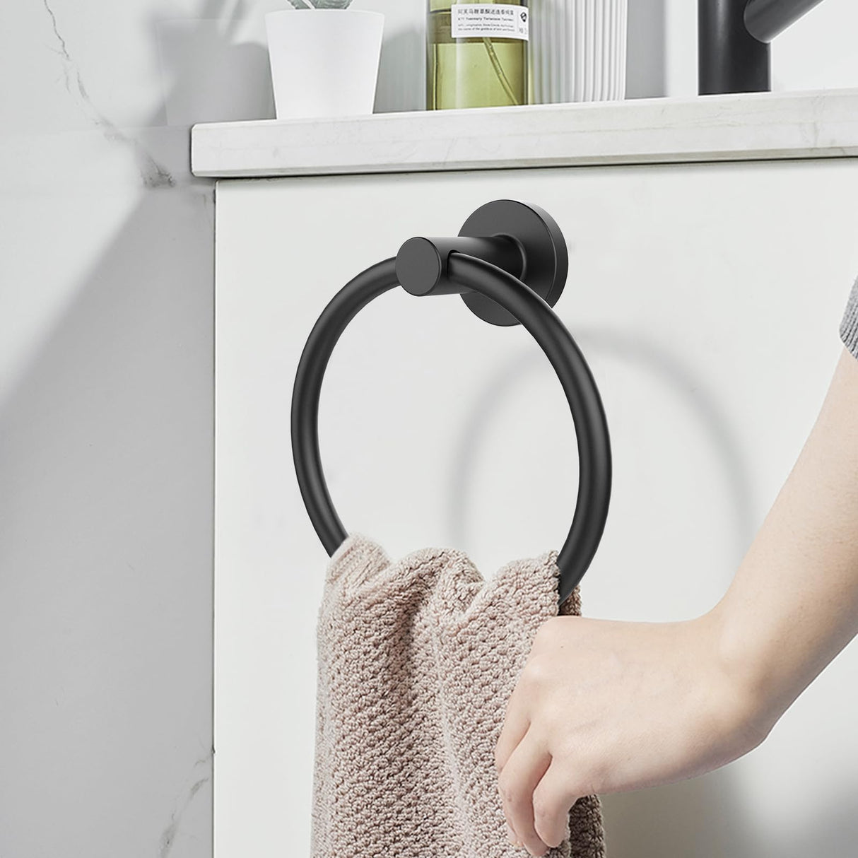 Towel Holder for Bathroom Wall Matte Black Towel Ring Stainless Steel Hand Towel Holder Heavy Duty Towel Hanger for Bath, Kitchen
