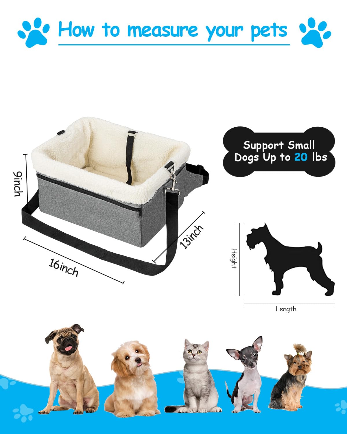 UNICITII Dog Car Booster Seat for Small Dogs & Cats, Raised with Metal Frame
