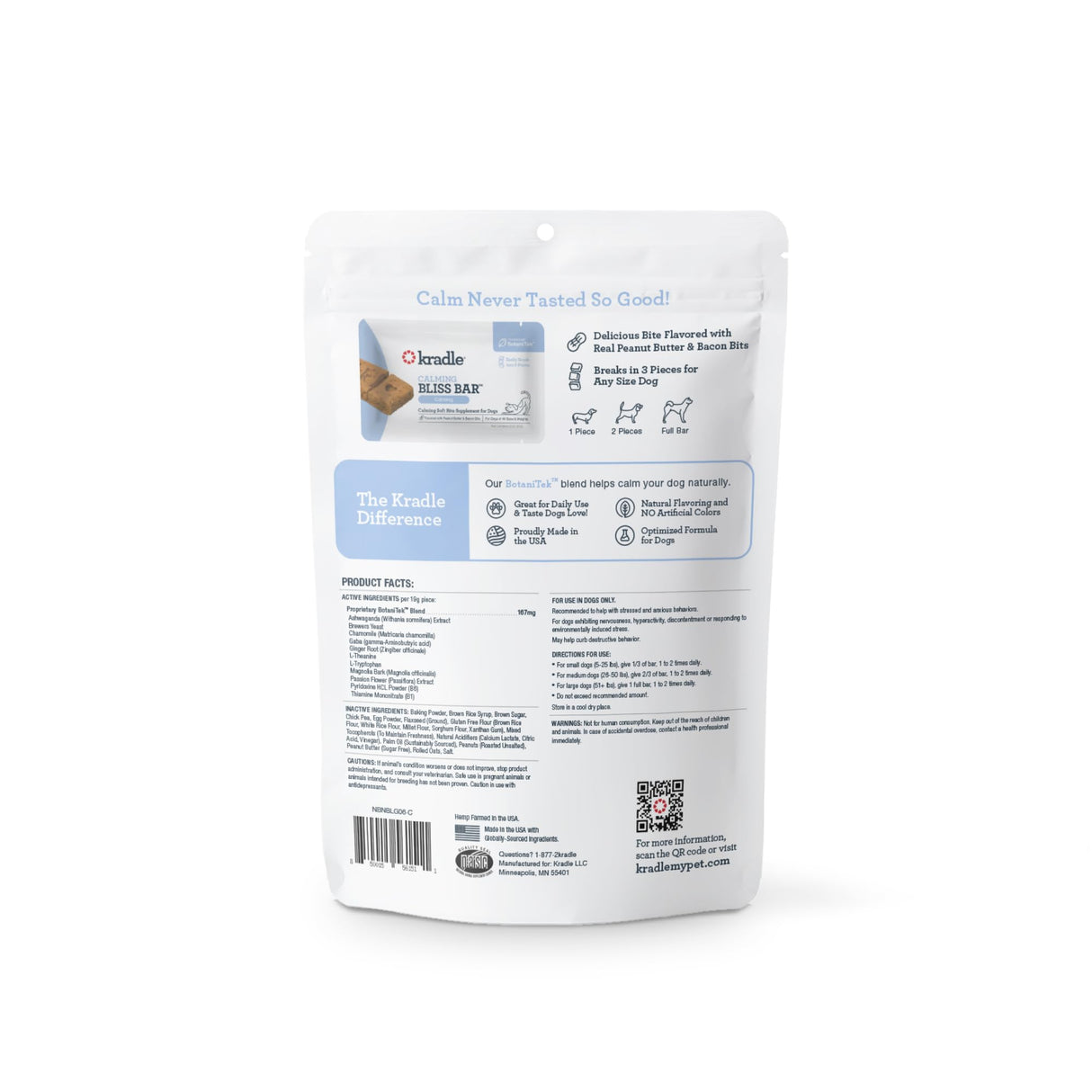 Kradle Bliss Bars for Dogs - Peanut Butter Flavored Calming - GABA L-Theanine - On The Go Packaging - Supports a Calm Demeanor - 6 Bars