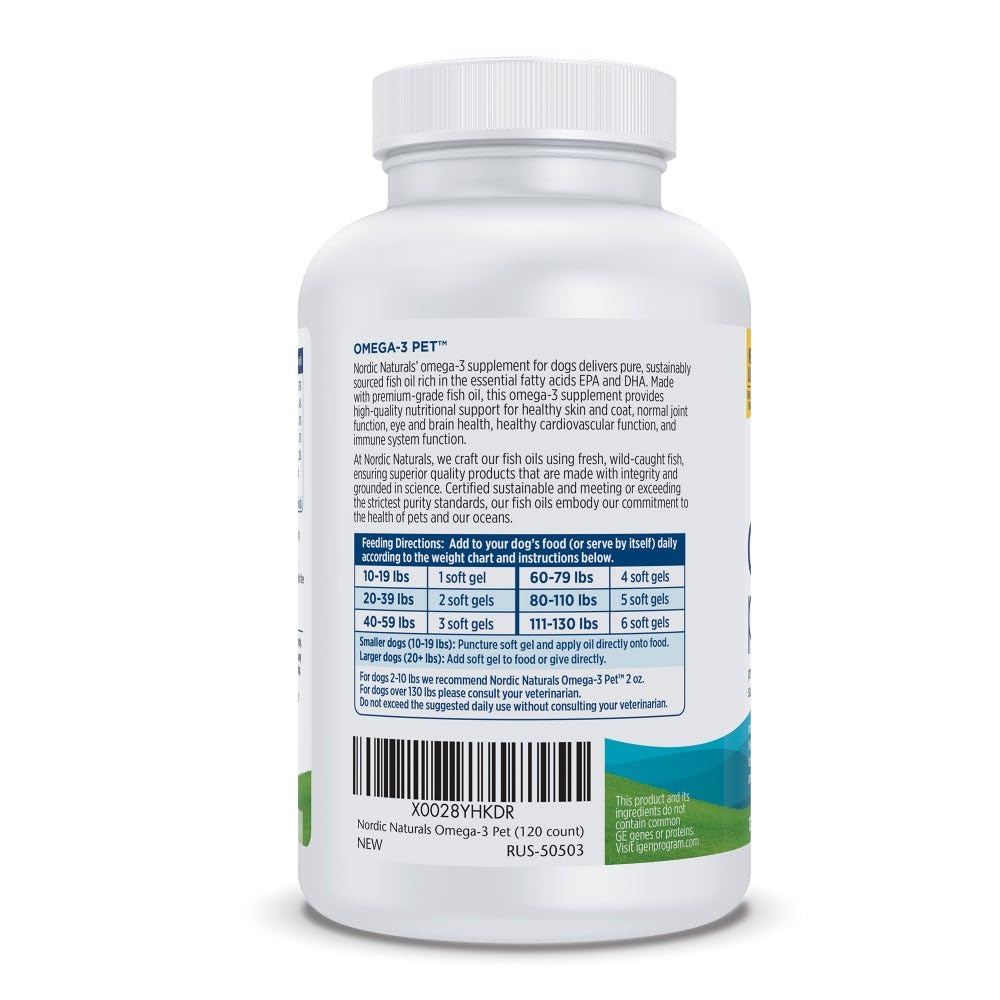 Nordic Naturals Omega-3 Pet, Unflavored - 120 Soft Gels - 330 mg Omega-3 Per Soft Gel - Fish Oil for Dogs with EPA & DHA - Promotes Heart, Skin, Coat, & Immune Health