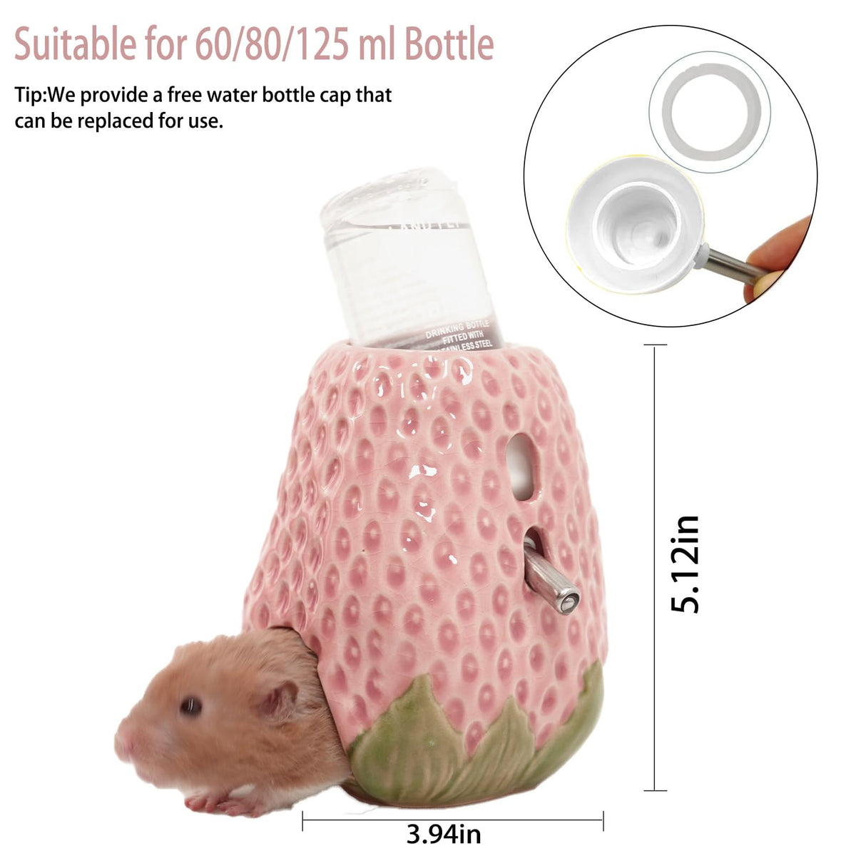 Hamster Water Bottle, Strawberry Ceramic Hamster Gerbil Water Bottle for Glass Tank, Dispenser, 80ML Bottle for Water Holder Stand with 2 No Drip Caps for Syrian Mice, Gerbil(Pink