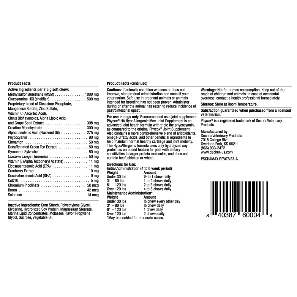 Phycox MAX Hypoallergenic (HA) Dog Joint Supplement Soft Chews, 90 Ct