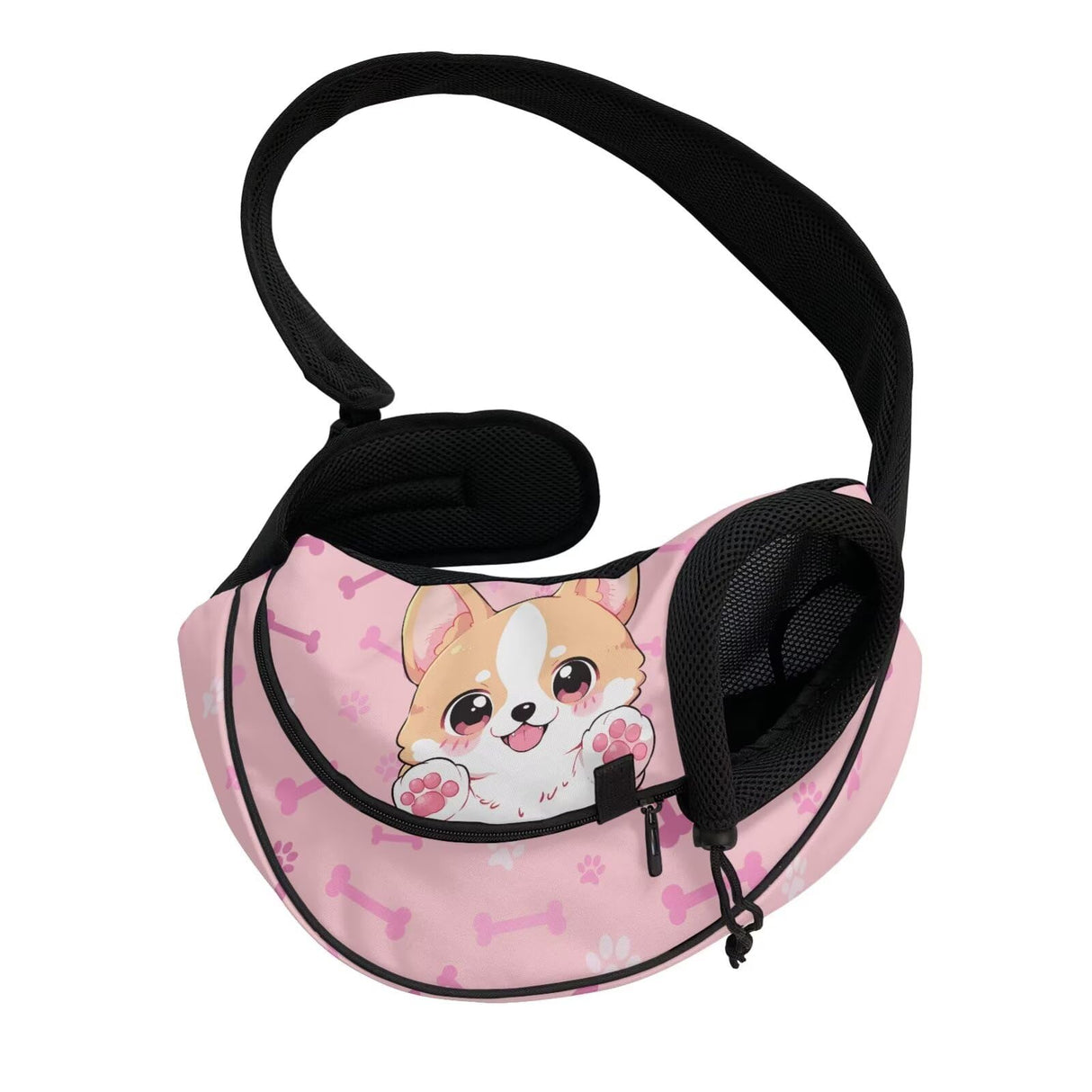 COEQINE Dog Sling for Medium Dogs Puppy Carrier Sling Corgi Paw Print Pet Crossbody Purse Zipper Front Facing Dog Pouch Soft for Small Breeds Cats Dogs Walking Breathable Mesh Satchel